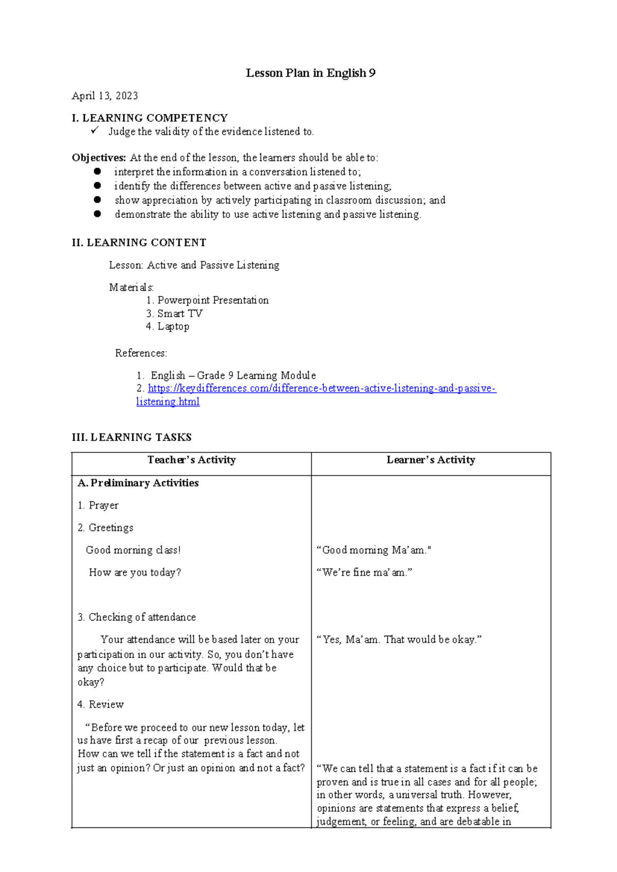 Grade-9-active-and-passive-listening compress - Lesson Plan in English ...