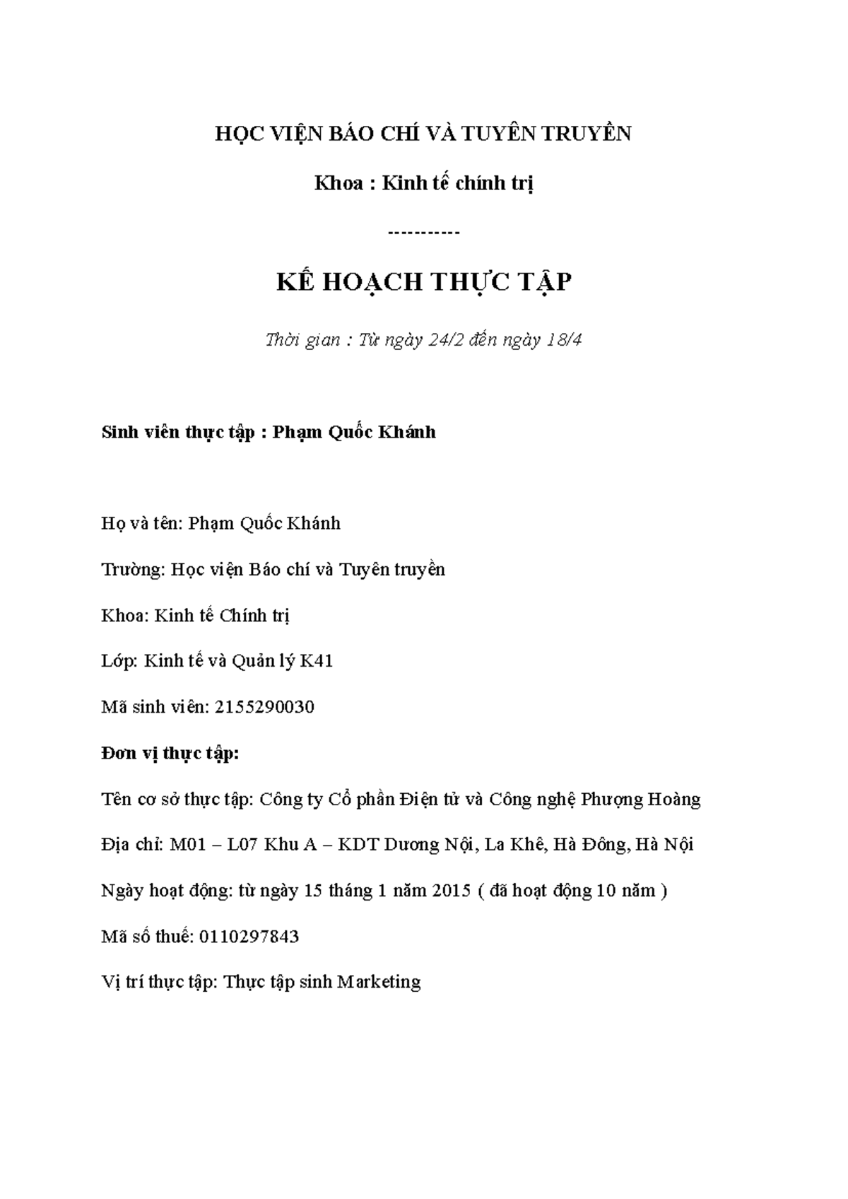 Kế Hoạch Thực Tập - KHTT - Phạm Quốc Khánh - Kinh Tế Chính Trị K41 ...