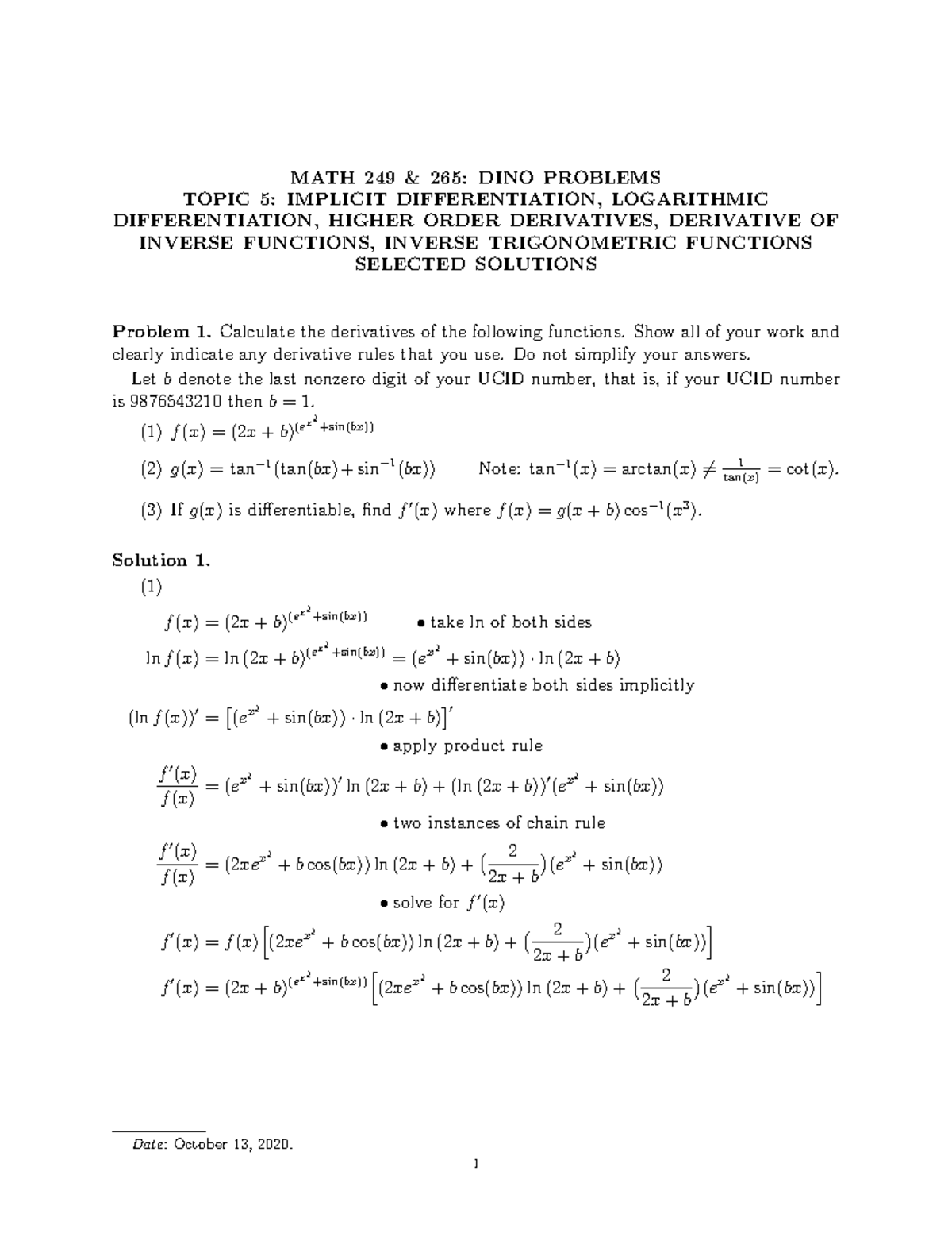 MATH 249 & 265: Exam Solutions for Implicit Differentiation ...