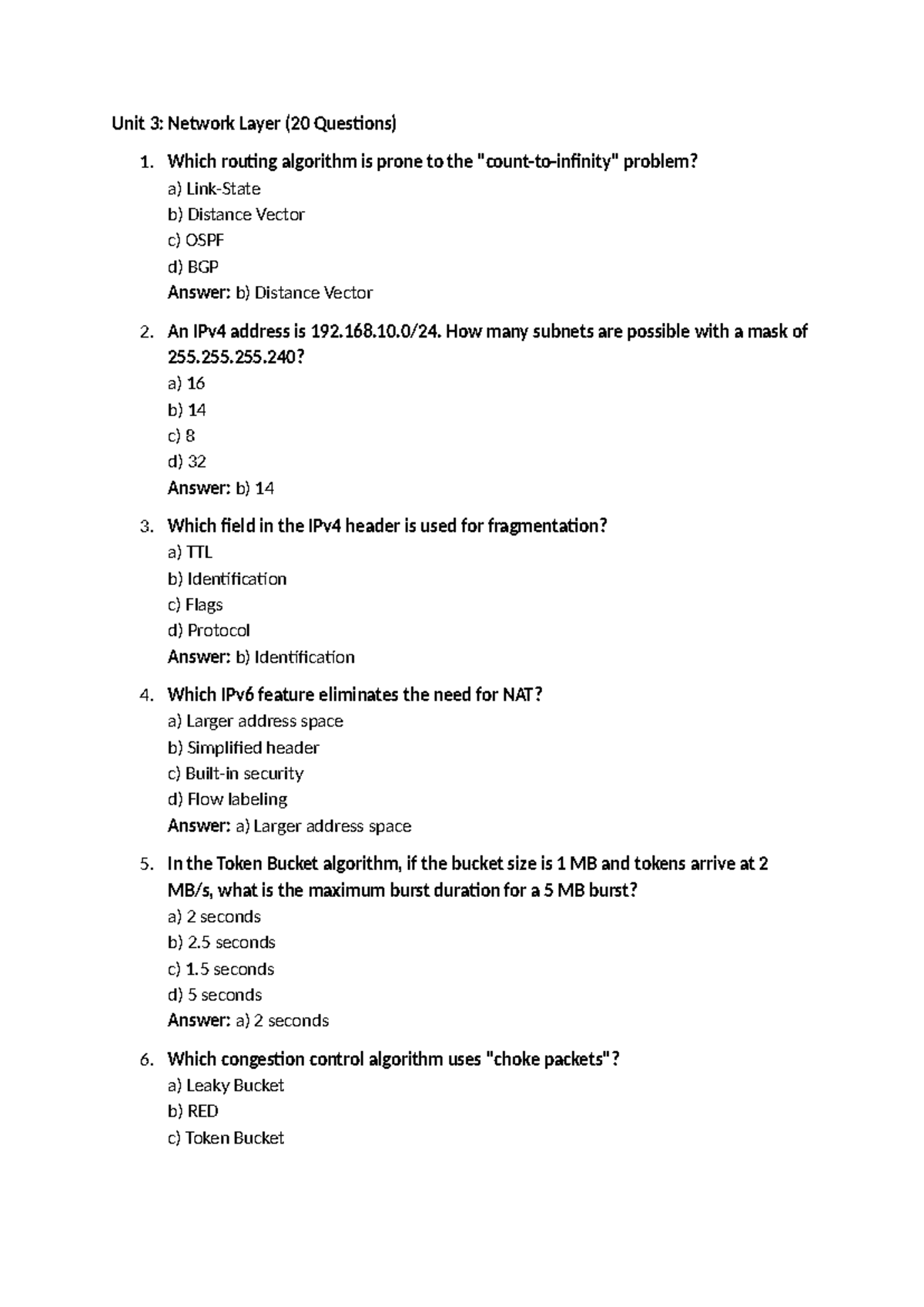 Unit 3: Network layer quiz questions and answers (20 items) - Studocu