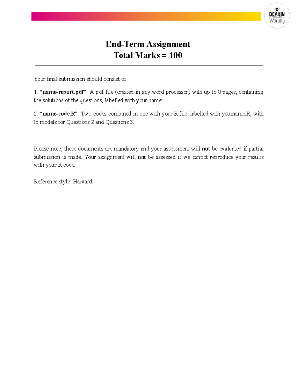 End-Term Assignment - hlk - End-Term Assignment Total Marks = 100 Your ...