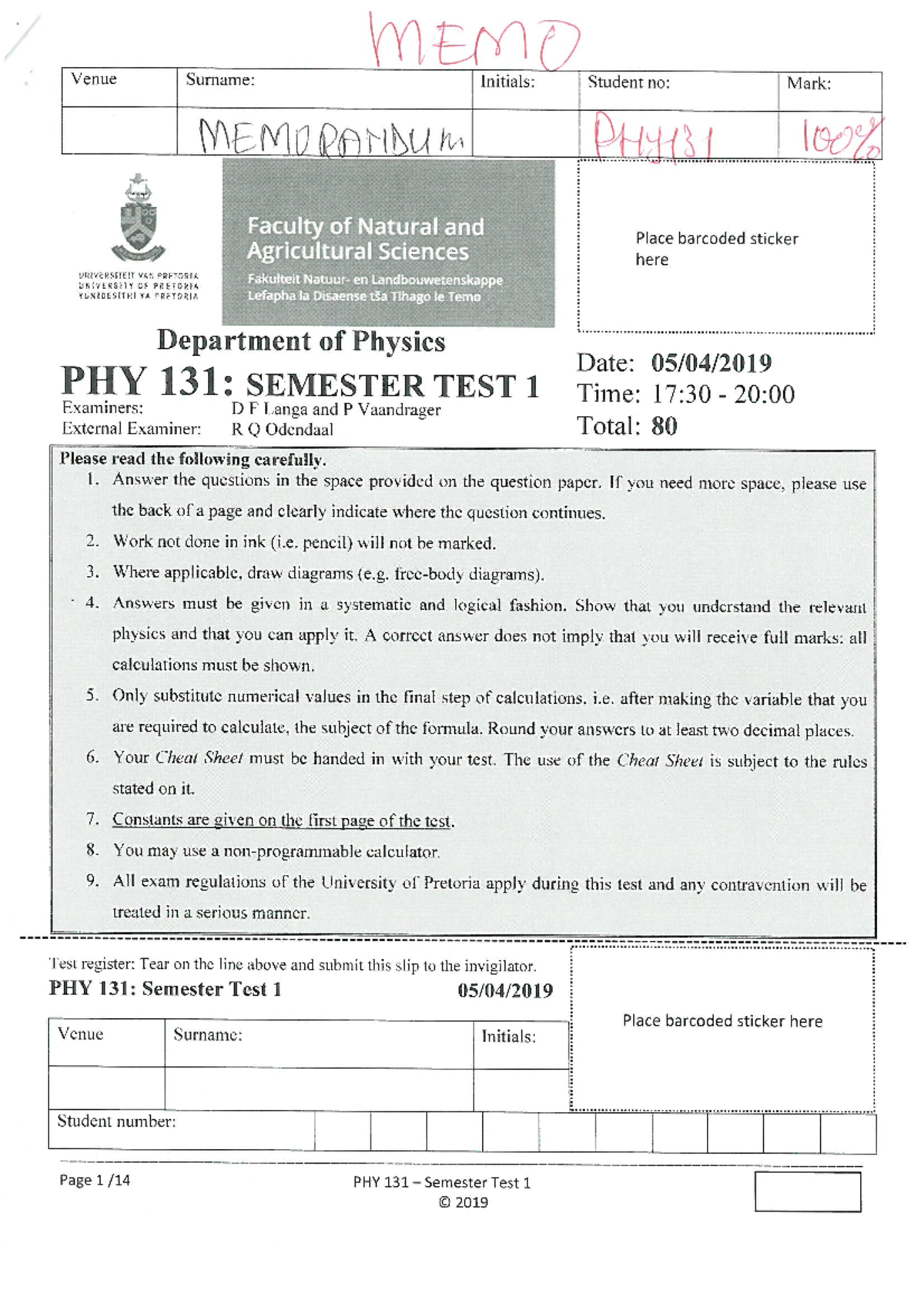 PHY 131 Final Exam Memo - Semester Test 1 (2019) Analysis - Studocu