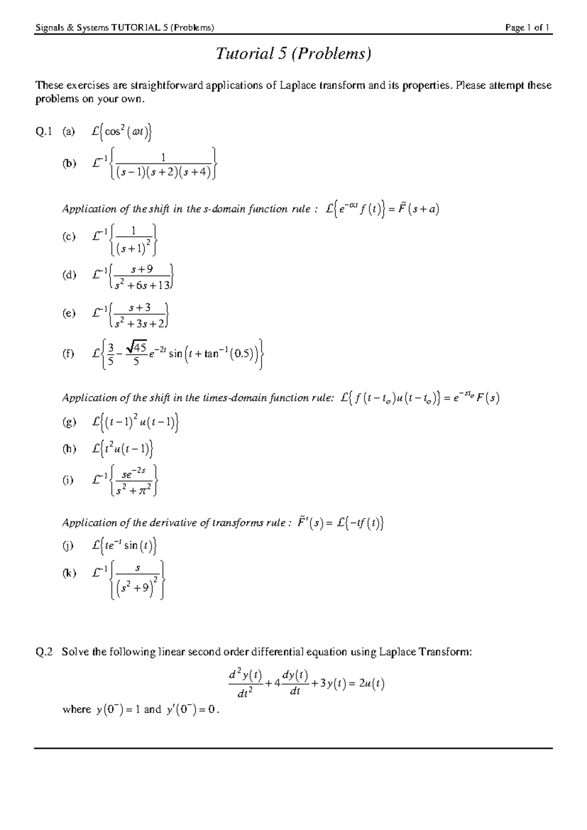 Signals Systems TUTORIAL 5: Laplace Transform Problems - Studocu