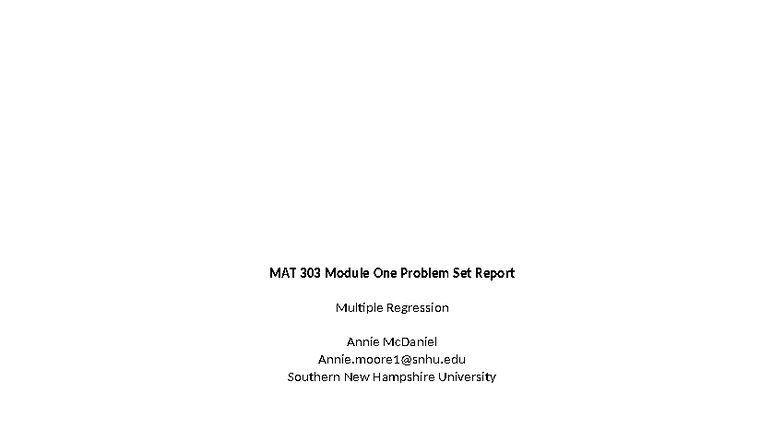 MAT 303 Module One Problem Set: Multiple Regression Analysis - Studocu