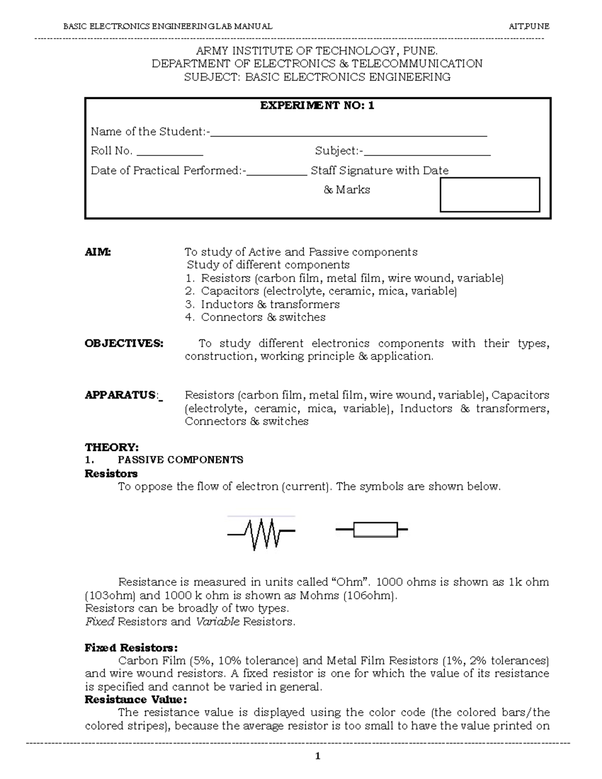 Basic Electronics Engineering (BE 101) Lab Experiment Report - Studocu