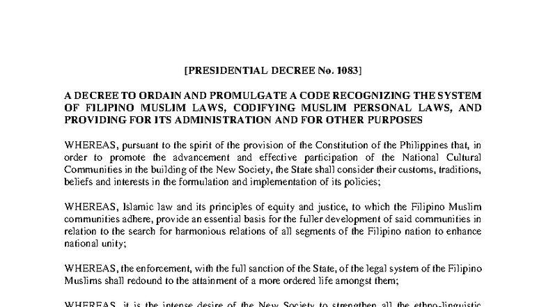 Presidential Decree No. 1083: Codifying Muslim Personal Laws in the ...
