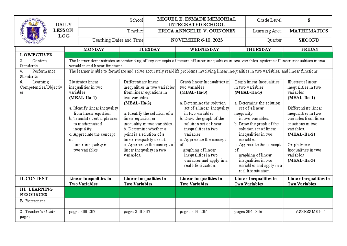 MATH 8 Q2 W2 - Mathematics 8, Quarter 2, Week 2 - DAILY LESSON LOG ...