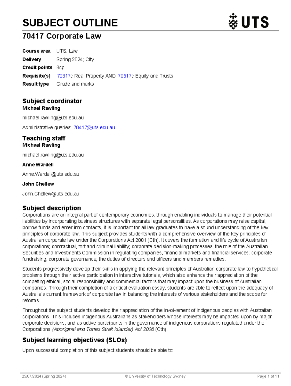 70417 Corporate Law - Subject Outline for Spring 2024 - Studocu