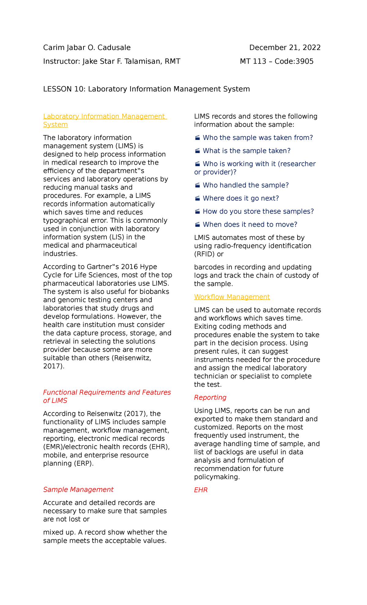 MT 113 - LESSON 10: Laboratory Information Management System Summary ...