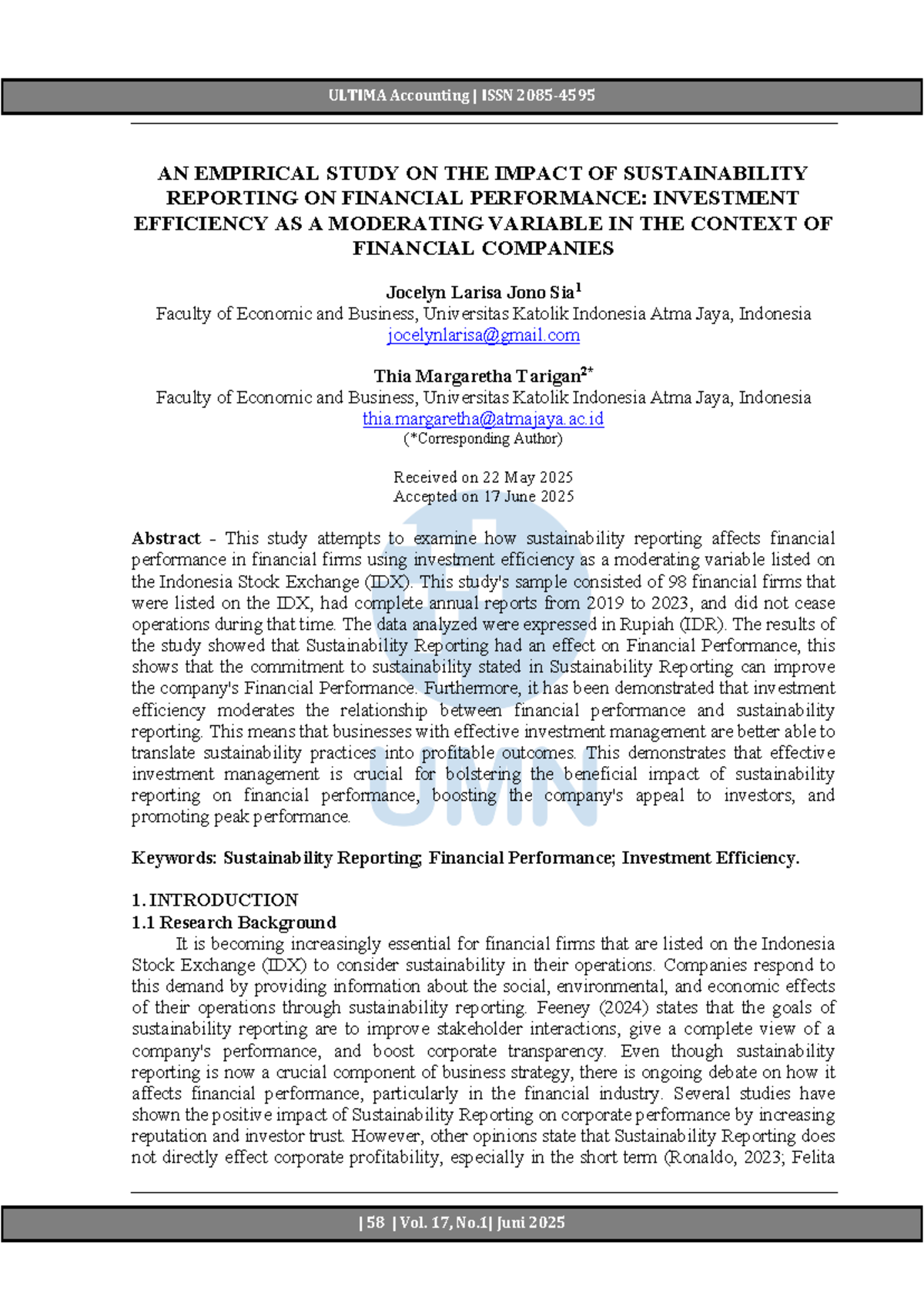 ULTIMA Accounting ISSN: Impact of Sustainability Reporting on Financial ...