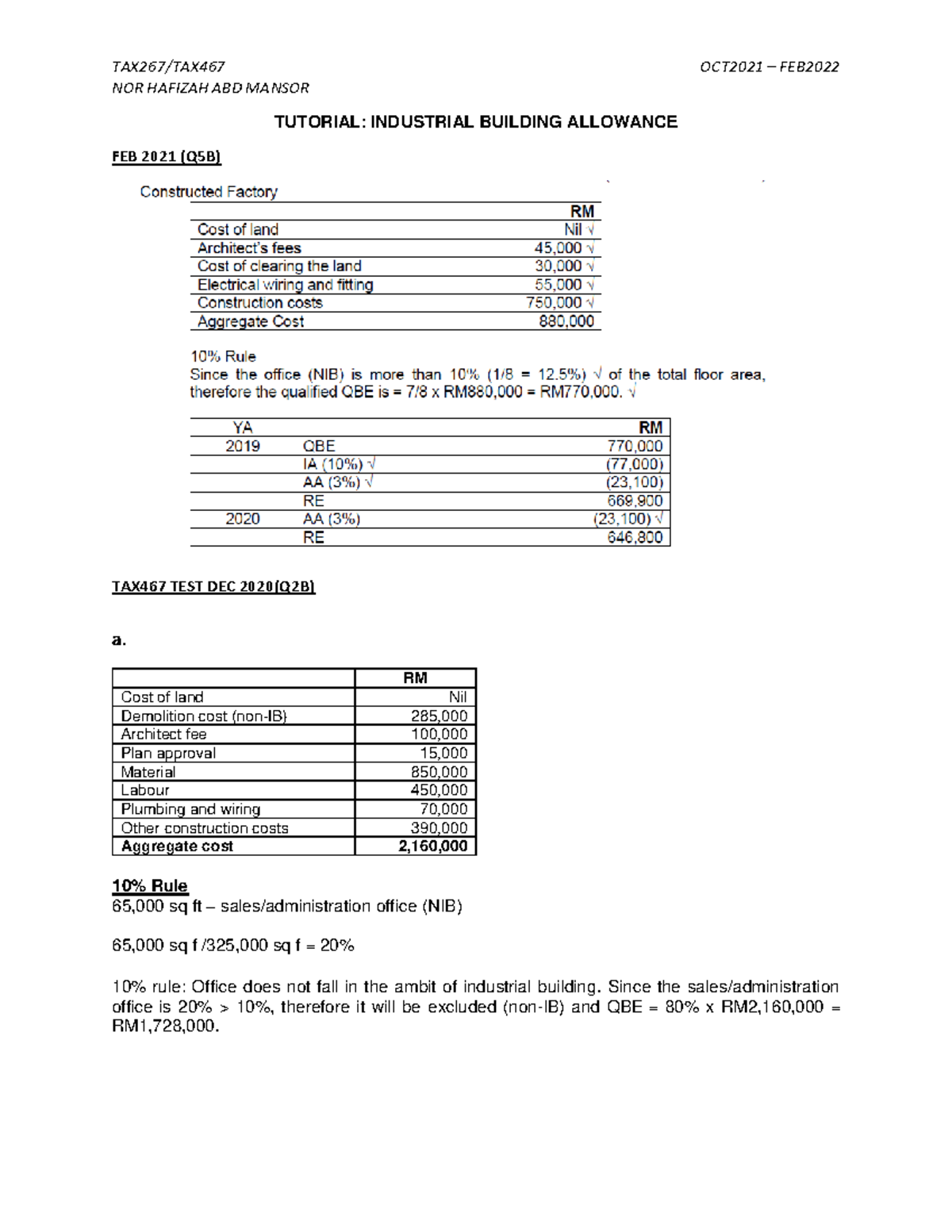 Tutorial SS Industrial Building Allowance - TAX267/TAX467 OCT2021 – FEB ...