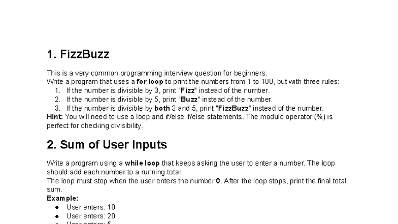 Loop Assignment 03: FizzBuzz & Other Programming Challenges - Studocu