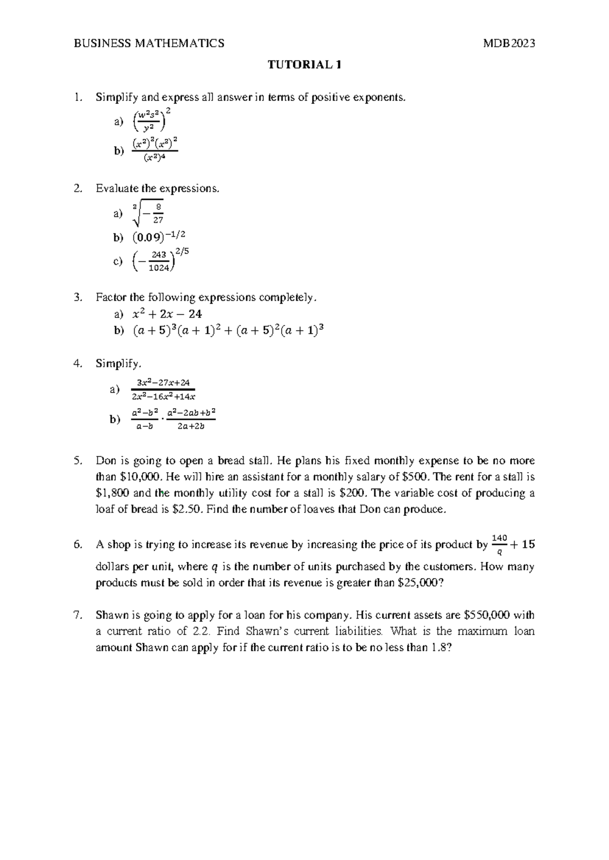 Tutorial 1 - Intro to Business Mathematics 2 - BUSINESS MATHEMATICS MDB ...