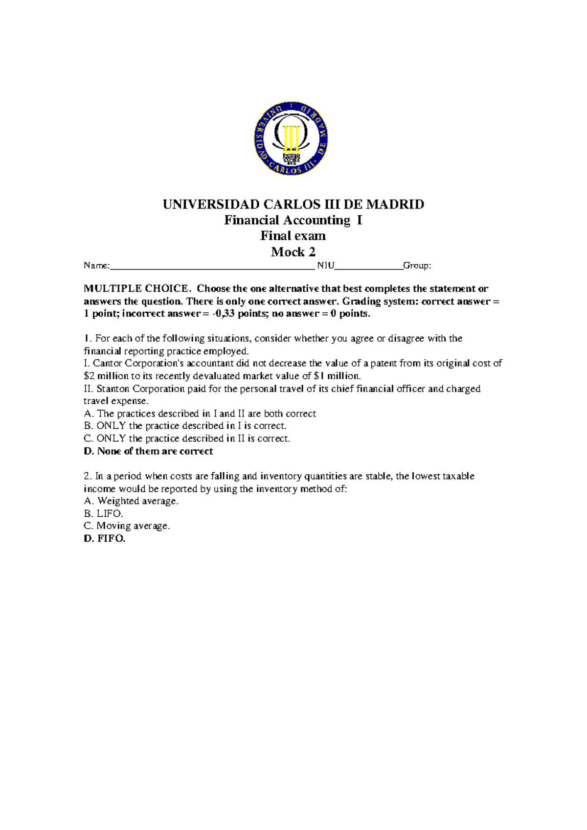 Final Exam Mock 2 for Financial Accounting I: Questions & Answers - Studocu