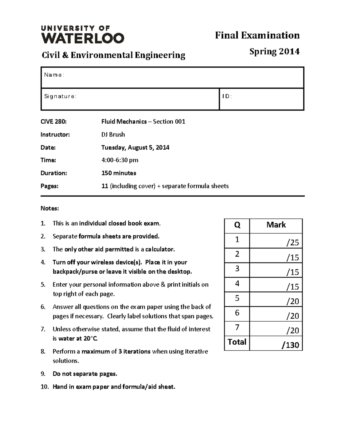 CIVE 280 Final Exam - Fluid Mechanics, August 5, 2014 Questions - Document Preview