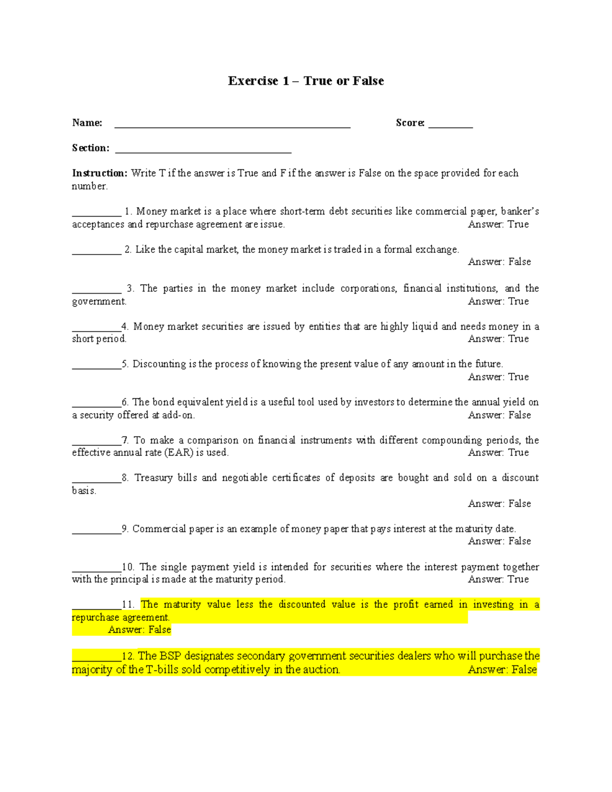 4 - Money Markets - True or False & Multiple Choice Answers - Studocu