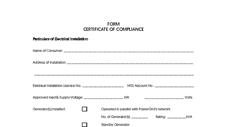 Certificate of Compliance for Electrical Installation - MSS - Studocu
