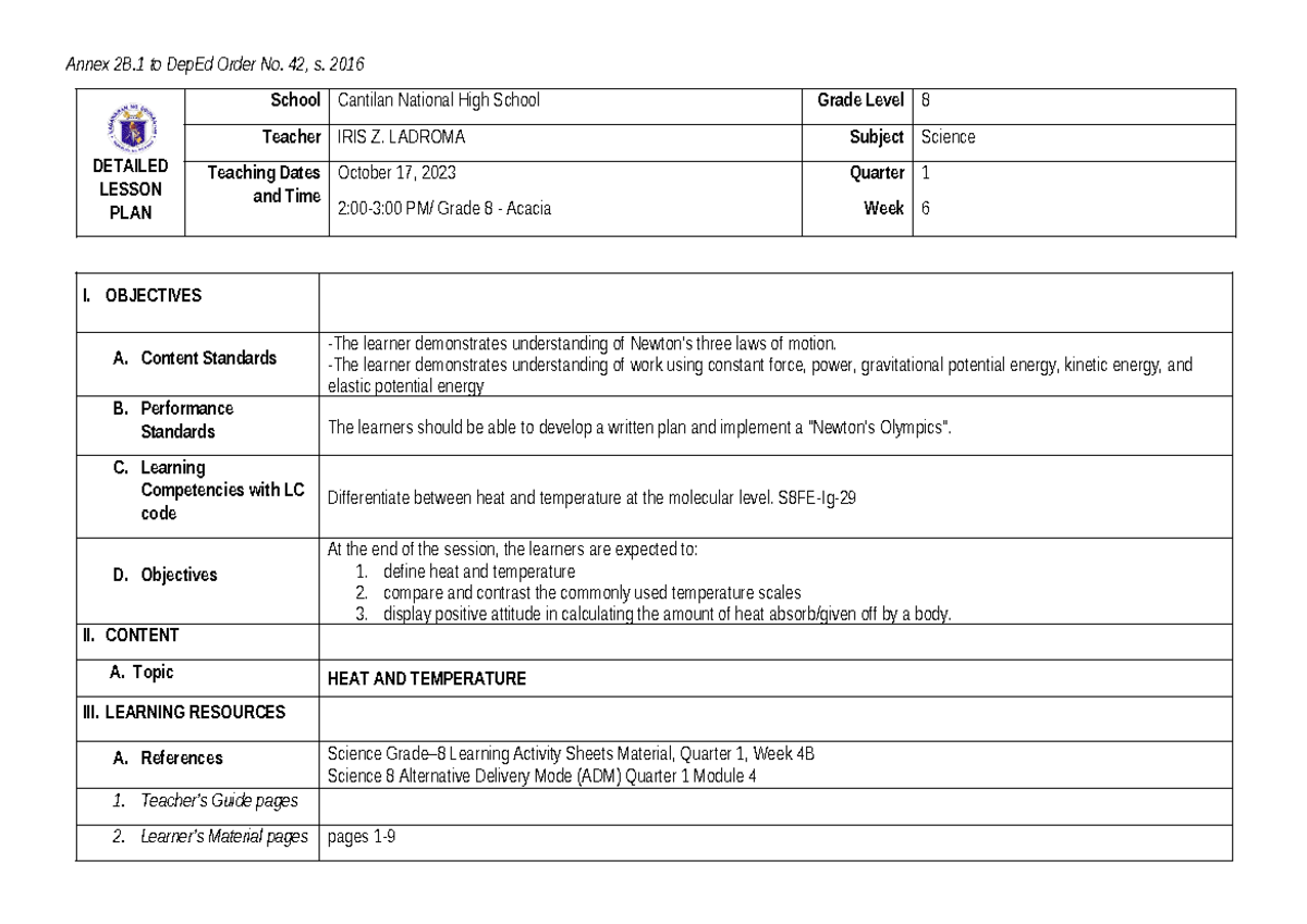 CO LP Q1 Sci8 - Lesson Plan on Heat and Temperature Concepts - Studocu