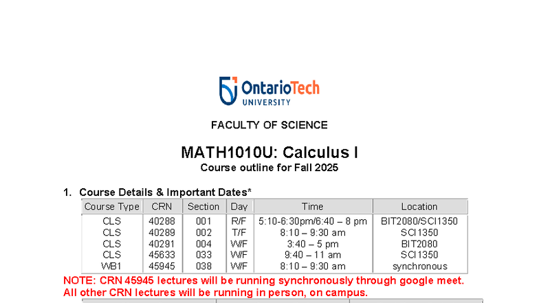 MATH1010U: Calculus I Course Outline for Fall 2025 - Studocu