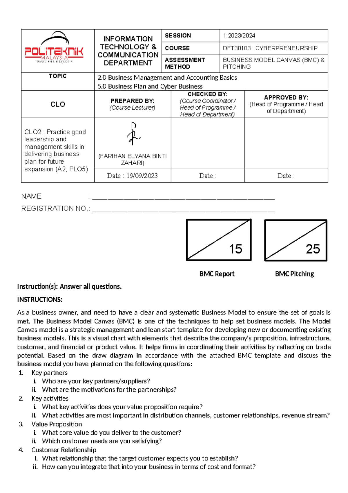 DFT30103 - BMC & Pitching Assignment for Cyberpreneurship Course - Studocu