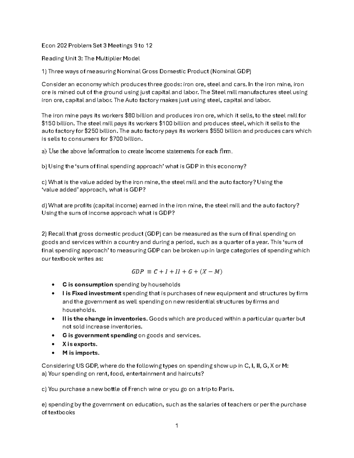 Econ 202 Problem Set 3 Study Guide: Key Concepts and GDP Analysis - Studocu