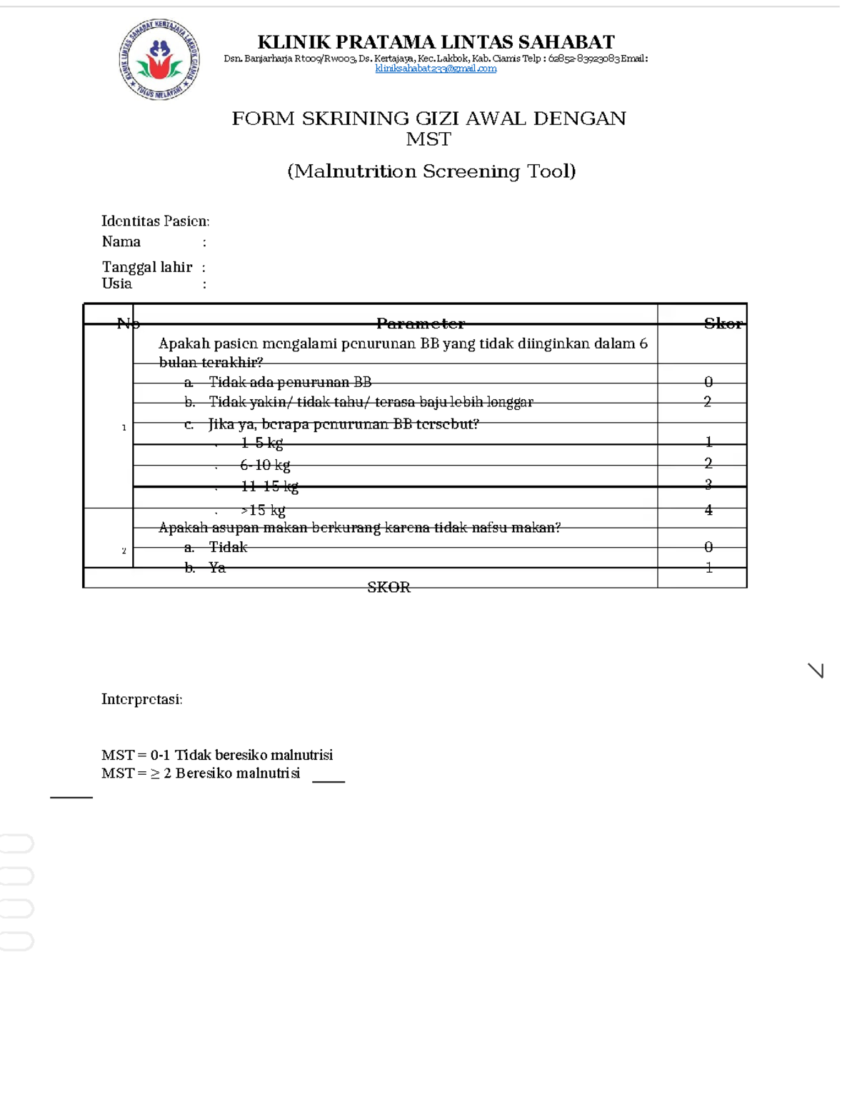Formulir Skrining Gizi Awal MST (Malnutrition Screening Tool) - Studocu
