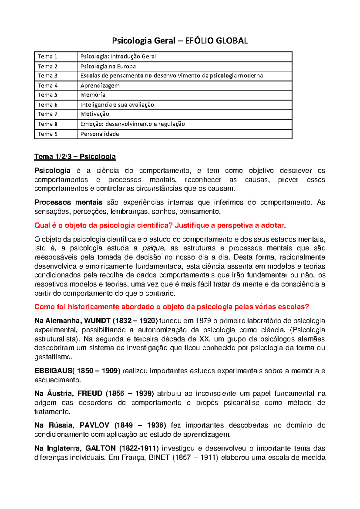 Apontamentos de Psicologia Geral - EFOLIO Global (Estudo e Aprendizagem ...