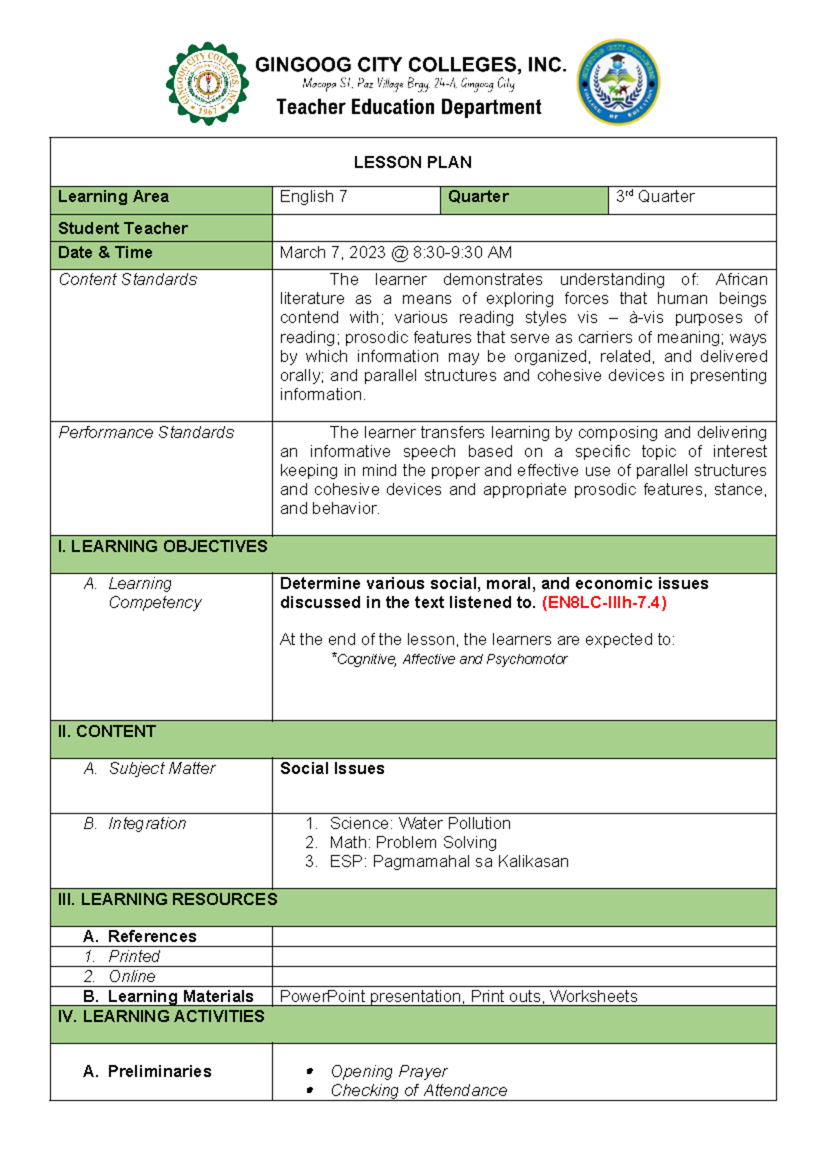 GCC Sample LP BSED - useful - LESSON PLAN Learning Area English 7 ...