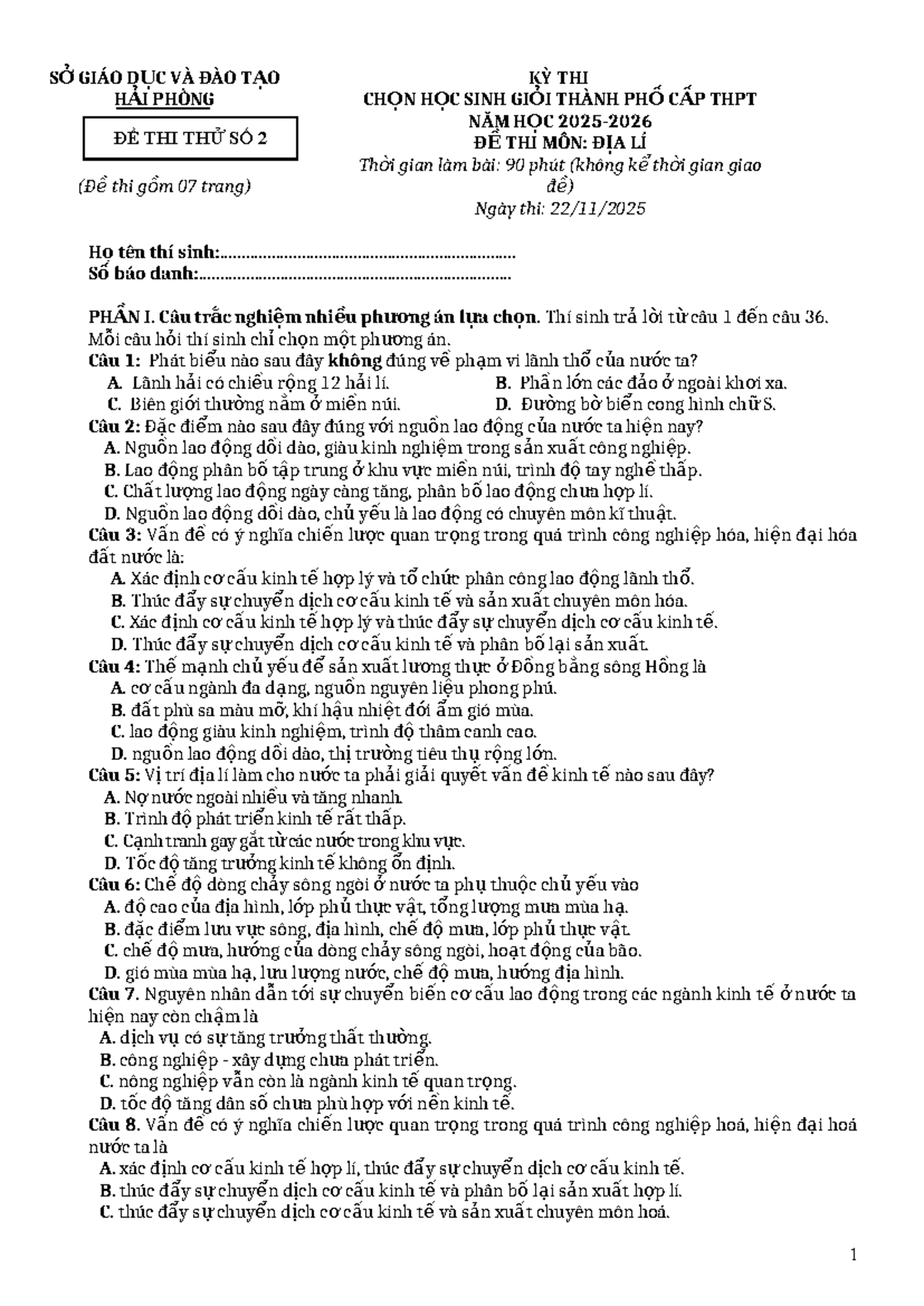 Đề Thi Thử Số 2 Môn Địa Lý - HSG THPT Hải Phòng - Document Preview