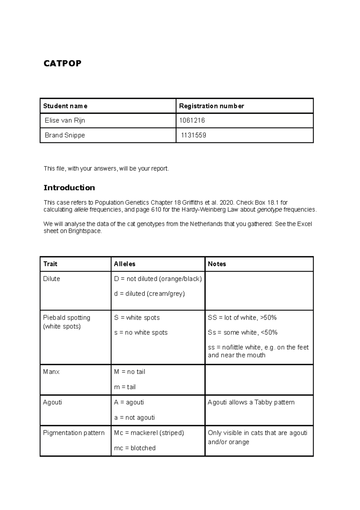 Case Study: Population Genetics in Cats - CATPOP Analysis (CATPOP ...