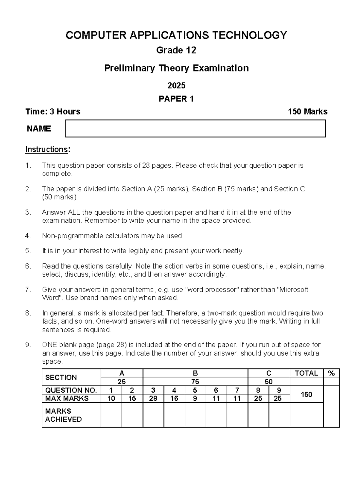 COMPUTER APPLICATIONS TECHNOLOGY GRADE 12 PRELIMINARY THEORY EXAM 2025 ...