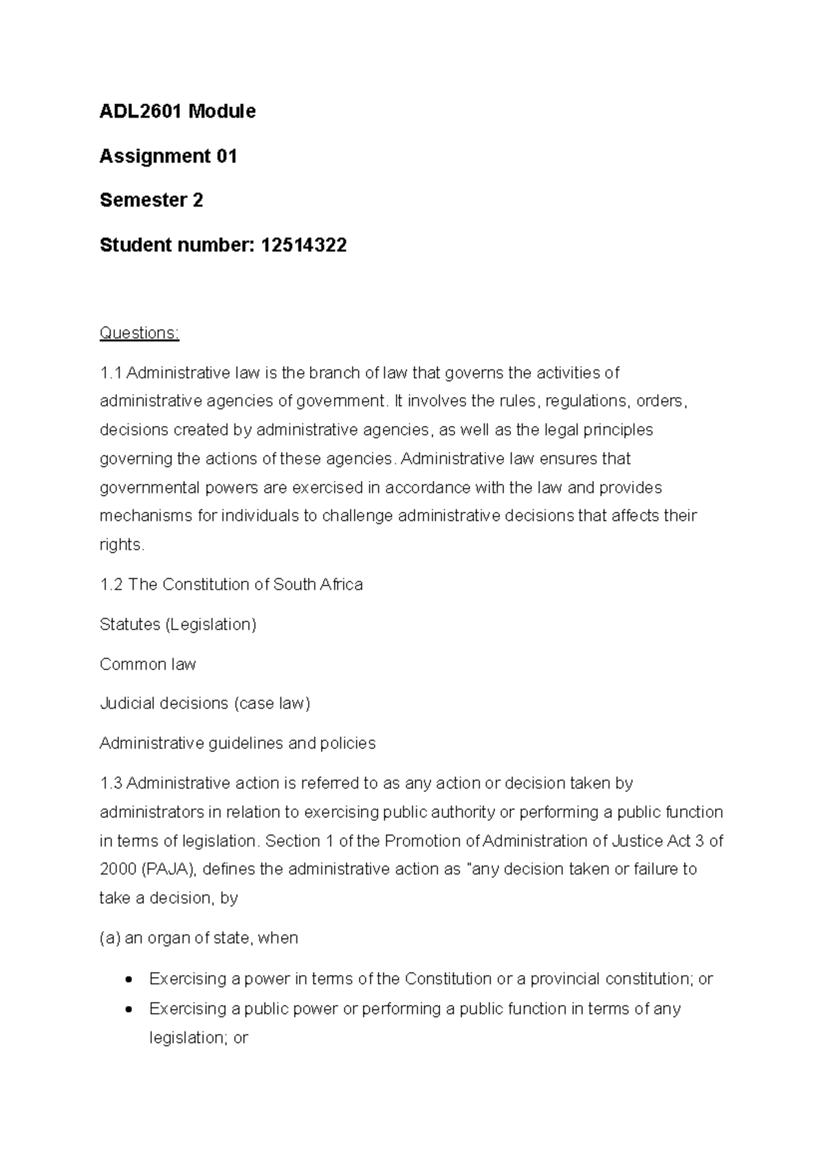 ADL2601 Assignment 01: Understanding Administrative Law Principles ...