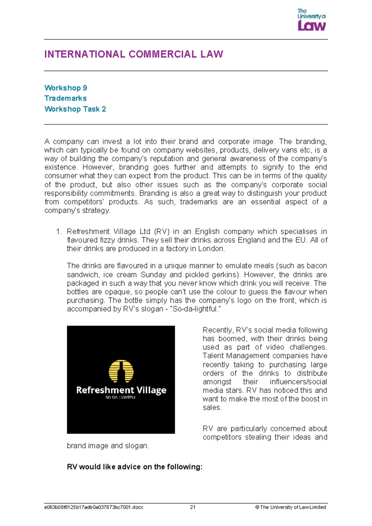 INTERNATIONAL COMMERCIAL LAW ICL WS09 Workshop Task 2: Trademarks ...