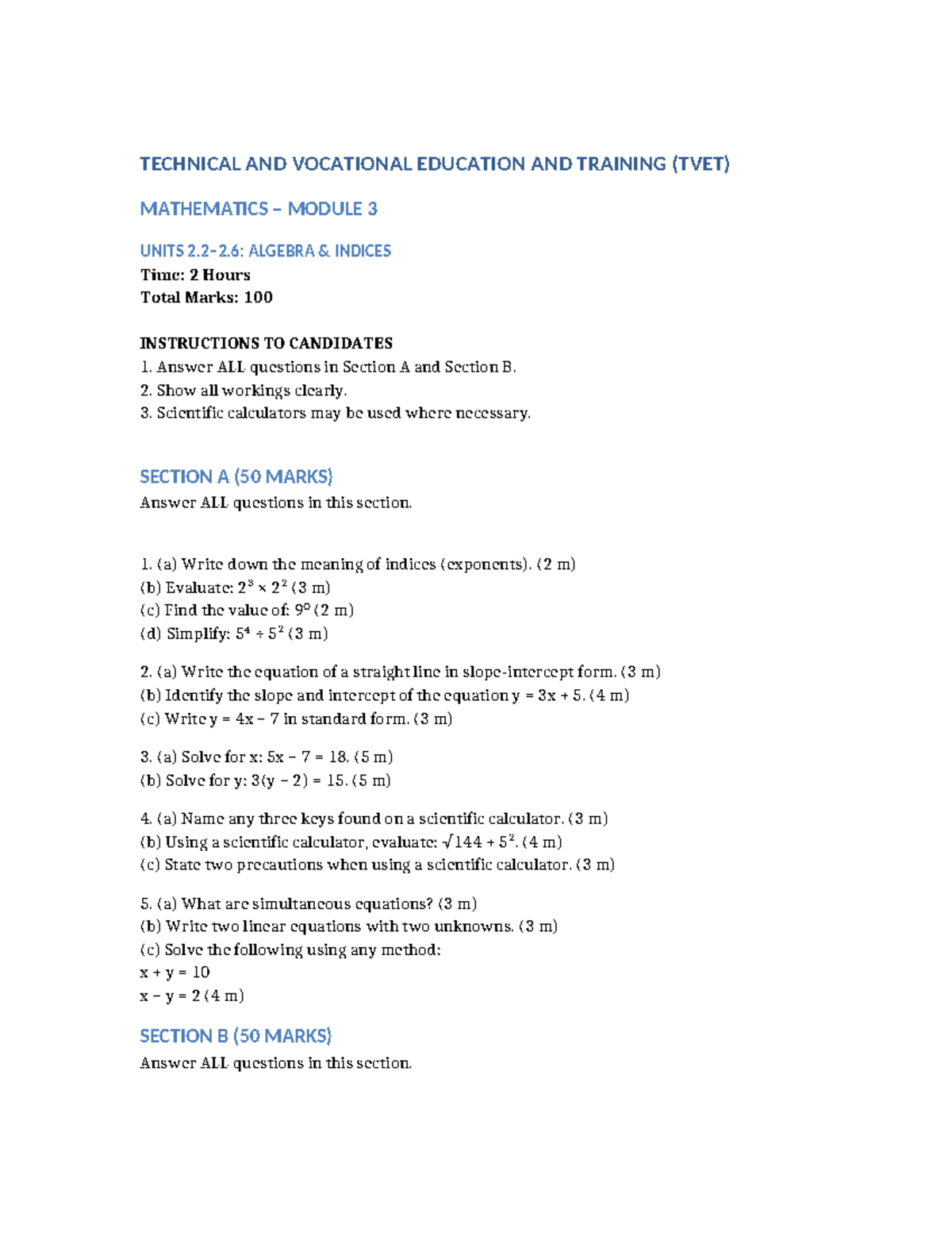 TVET Mathematics Module 3 Units 2-6 Final Exam Guide - Studocu