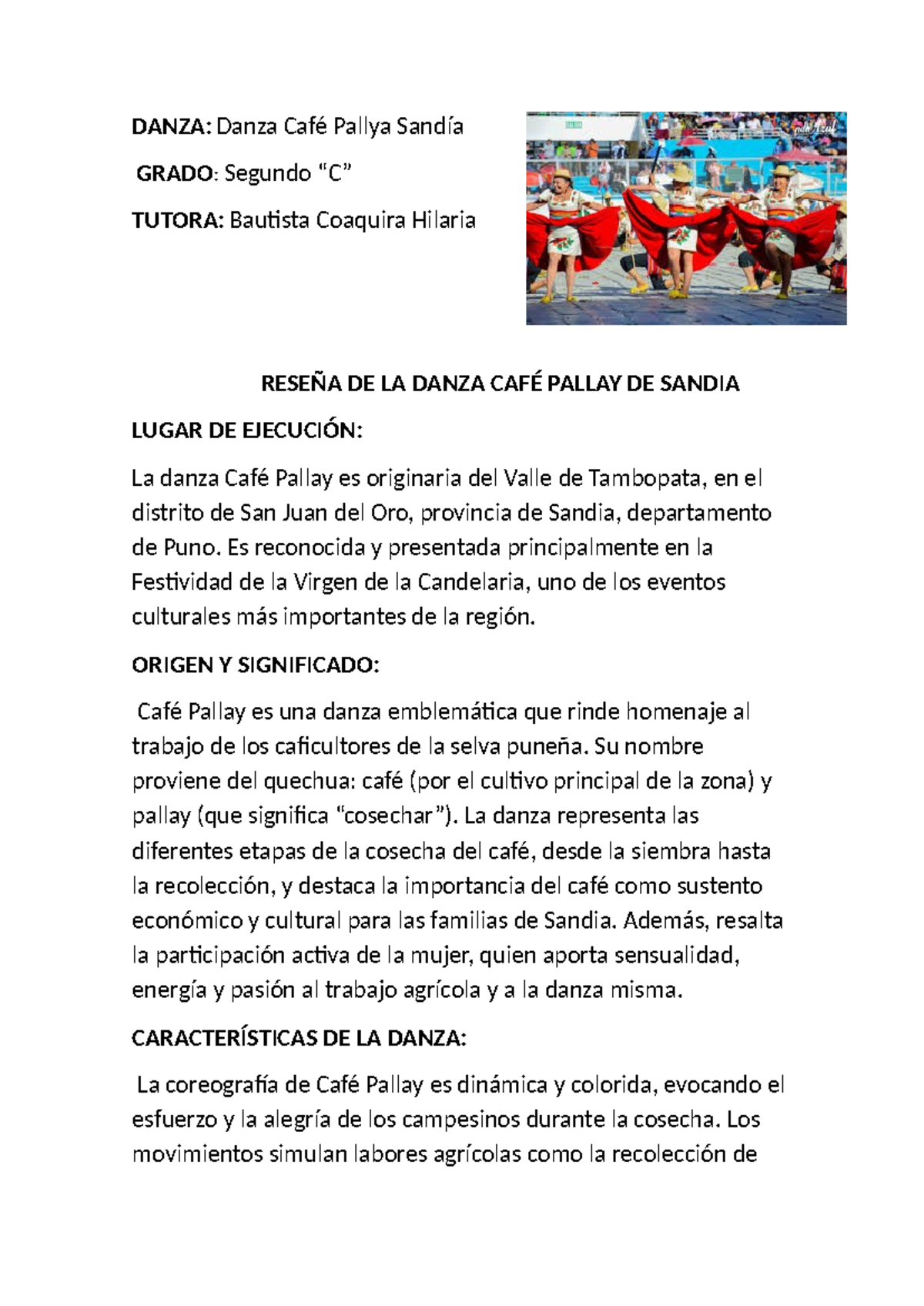 Danza Café Pallay: Reseña Cultural y Significado GRADO: Segundo - Document Preview