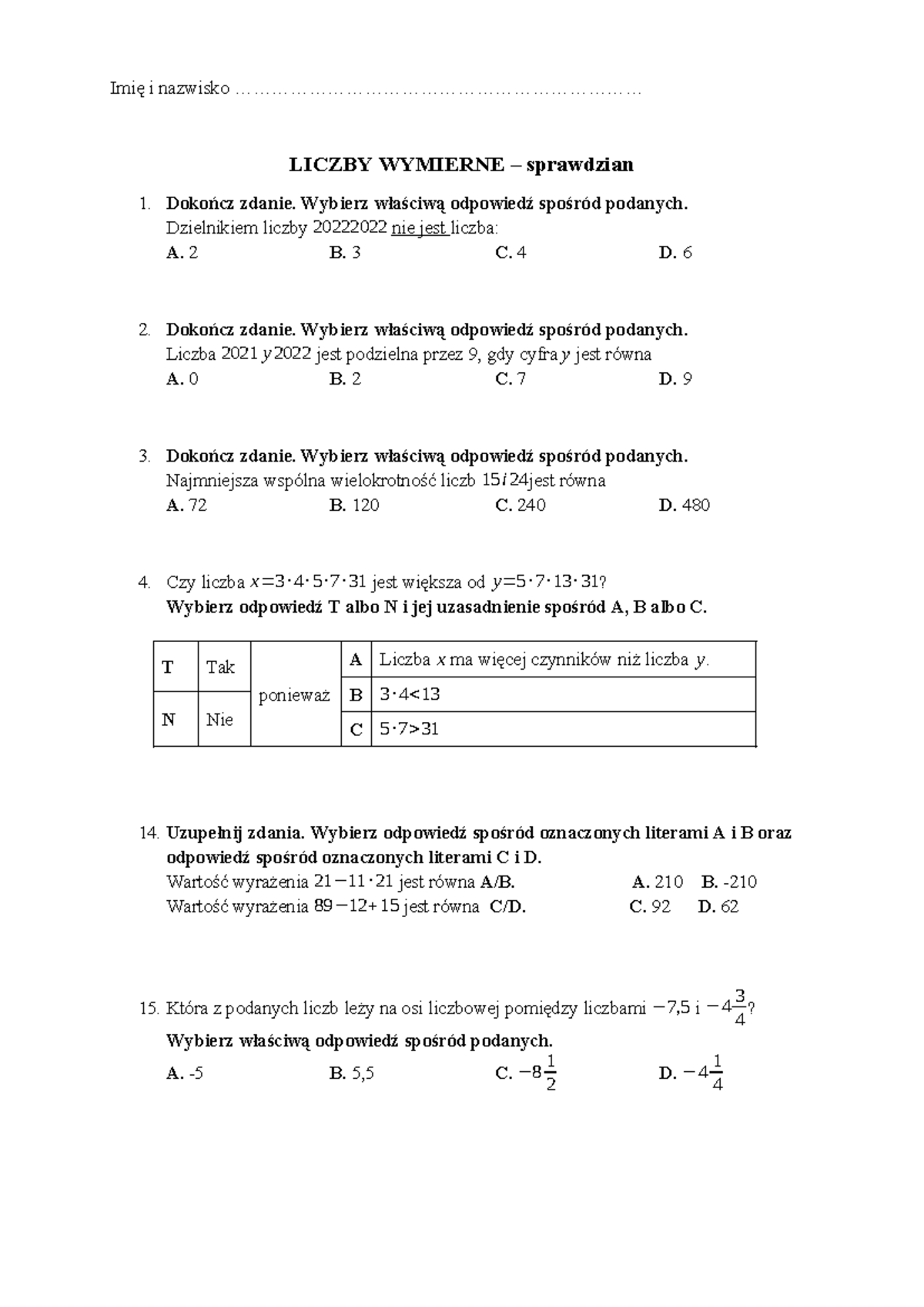 Liczby Wymierne I Niewymierne Gimnazjum Sprawdzian