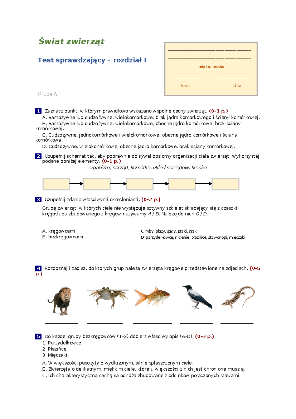 Sprawdzian Z Biologi Klasa 6 Dział 1 świat Zwierząt www.studocu.com