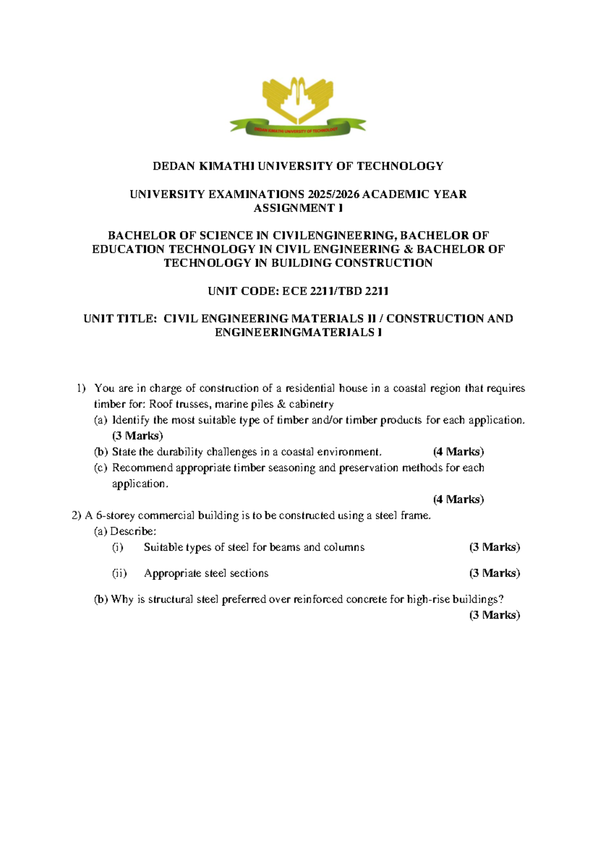 ECE 2211 Civil Engineering Materials II Assignment 1 - Studocu