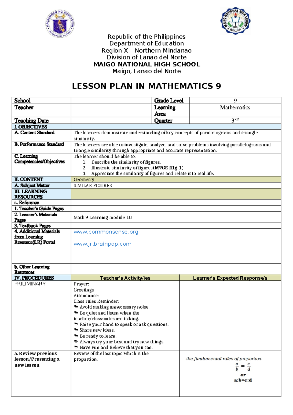 Dlp math quarter 3 - Republic of the Philippines Department of ...