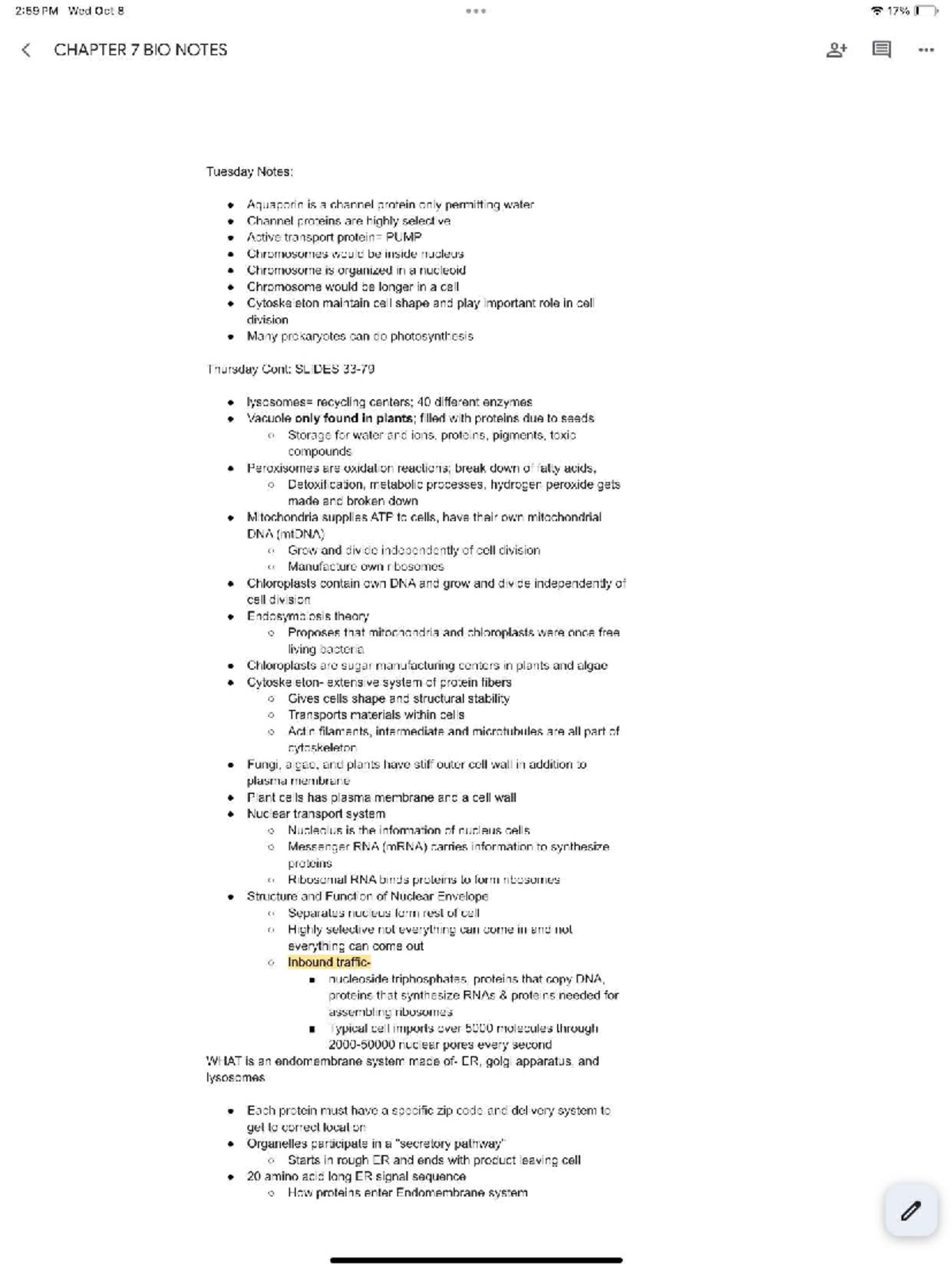 Biology 2:59 PM Wed Oct 8 CHAPTER 7 Notes on Cell Structure and ...
