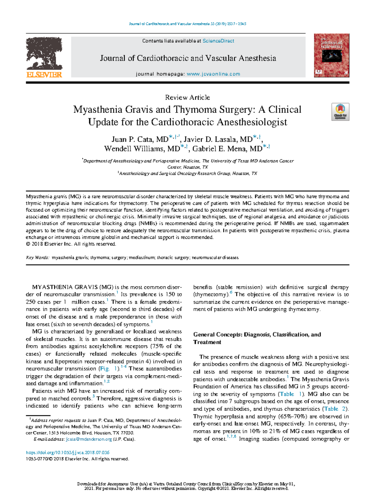 Myasthenia Gravis and Thymoma Surgery A Clinical Update for the ...