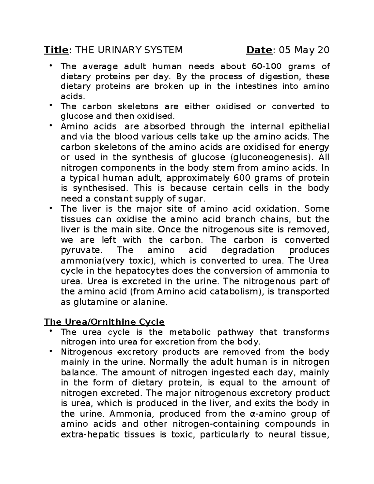 26. The Urea Cycle and Nitrogen Excretion in the Urinary System - Studocu