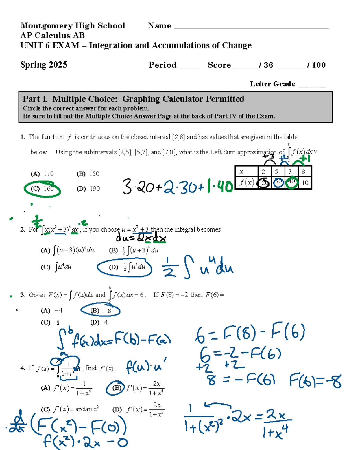 Unit 6 Exam (AP Calculus AB) - Integration & Accumulation of Change ...