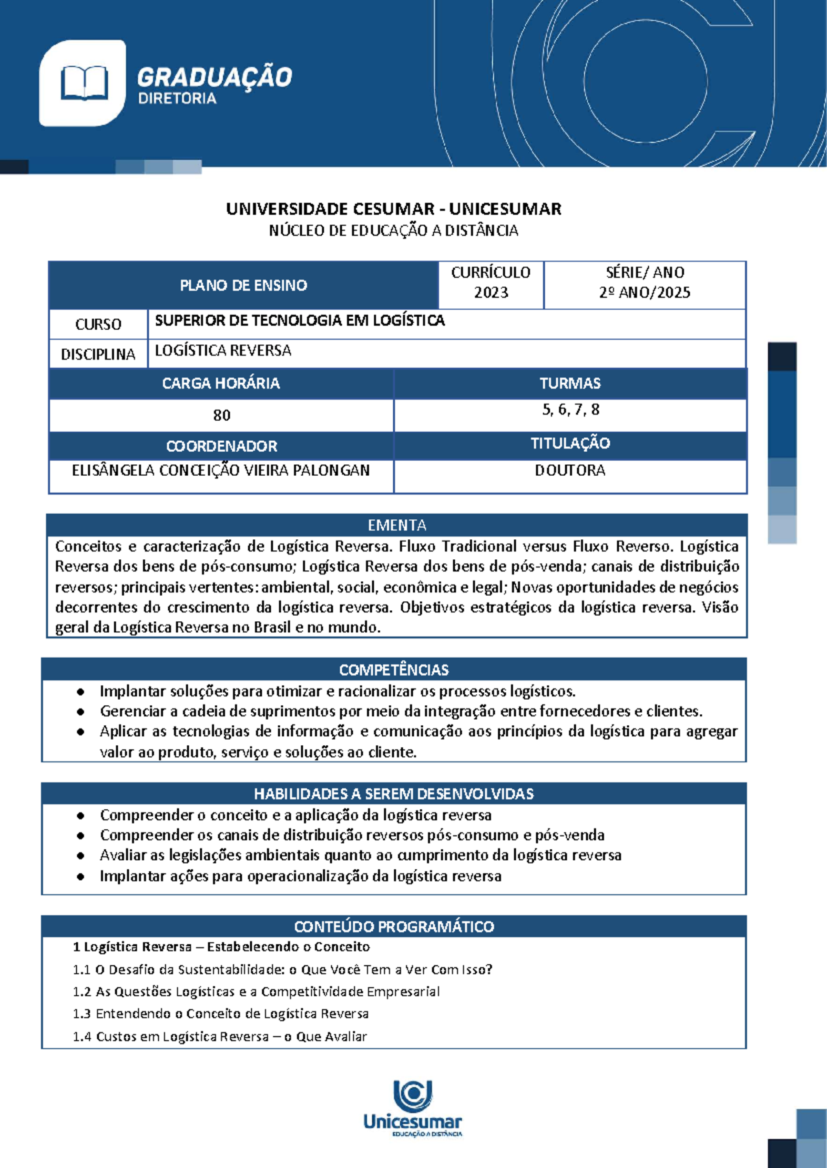 Plano de ensino-2025-52 - UNIVERSIDADE CESUMAR - UNICESUMAR NÚCLEO DE ...