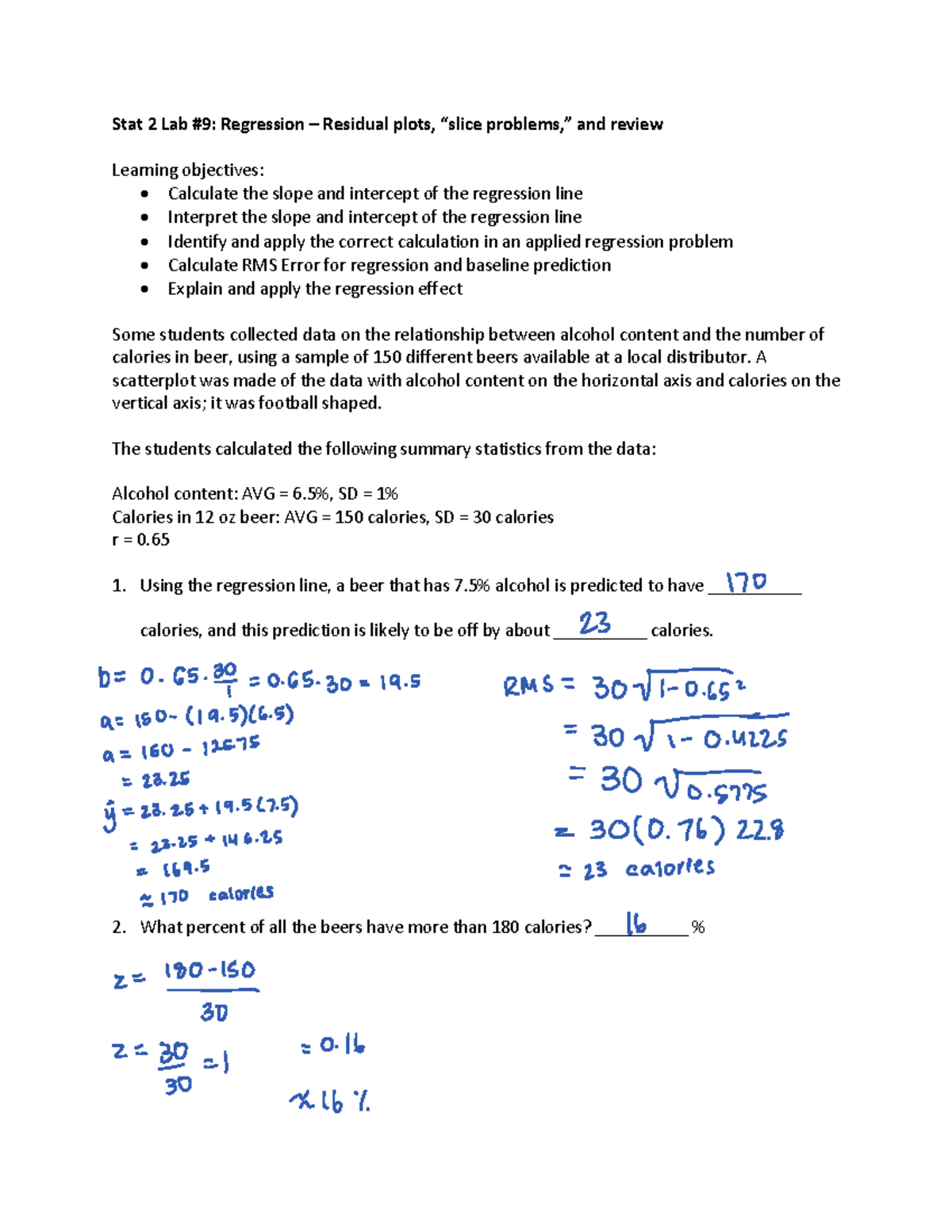 Stat 2 Lab 9: Regression Analysis & Residual Plots - Studocu