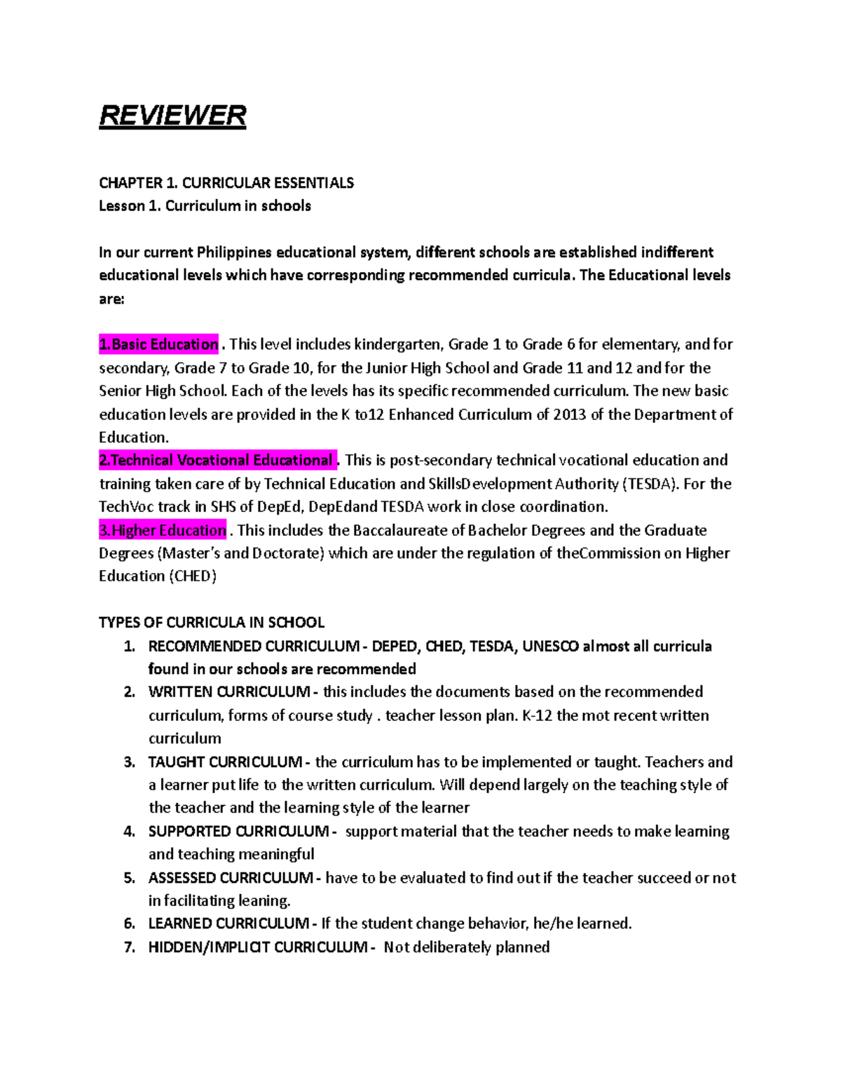 THE School AND Curriculum - REVIEWER CHAPTER 1. CURRICULAR ESSENTIALS ...
