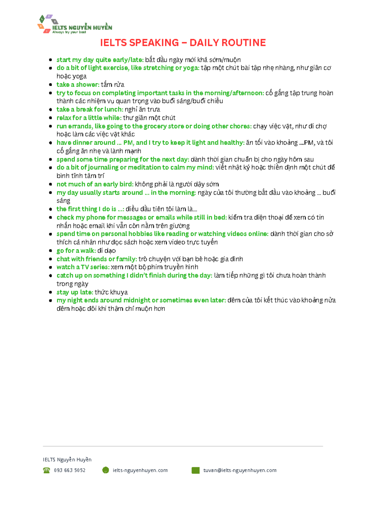 IELTS Daily Routine: My Morning and Evening Activities - Studocu