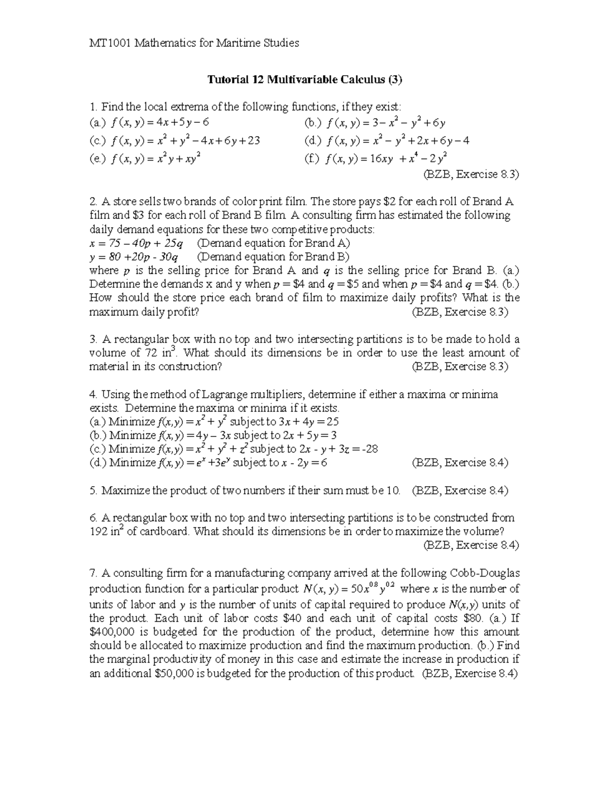 MT1001 Tutorial 12: Multivariable Calculus Exercises and Solutions ...