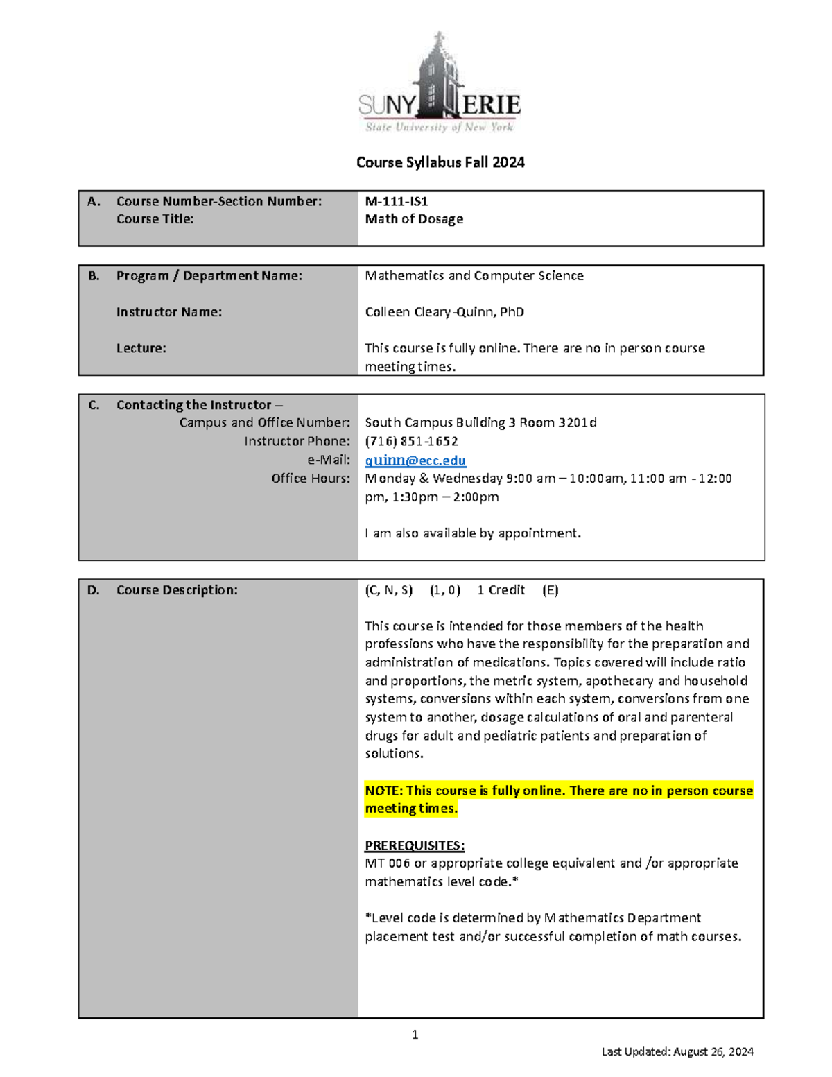 MT 111 Online Course Syllabus: Math of Dosage Fall 2024 - Studocu