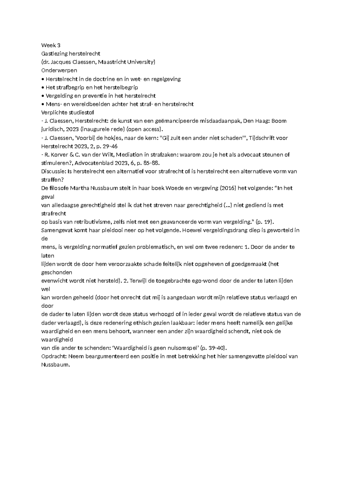 Week 3 Herstelrecht: Discussie over Nussbaum's Pleidooi (MAU) - Studeersnel